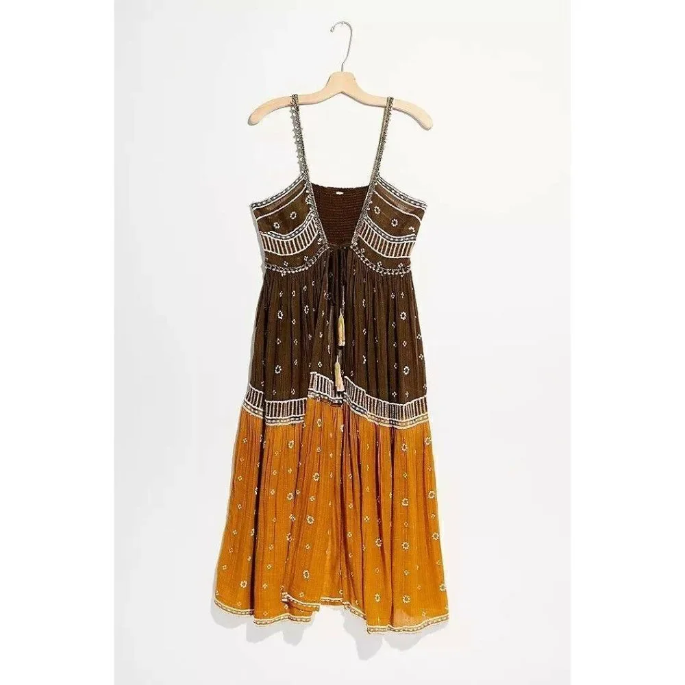 NEW FREE PEOPLE Sz S GENESIS EMBROIDERED EMBELLISHED TIERED MAXI TUNIC TOP - Picture 1 of 4